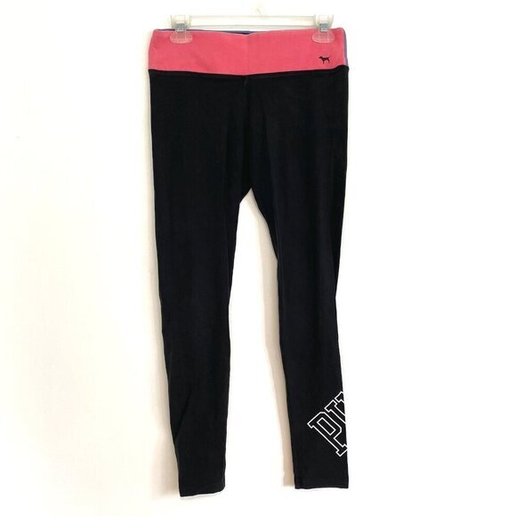 VS PINK VICTORIA'S SECRET PINK Yoga Black Colorblock Waistband Spellout Leggings - Picture 2 of 10